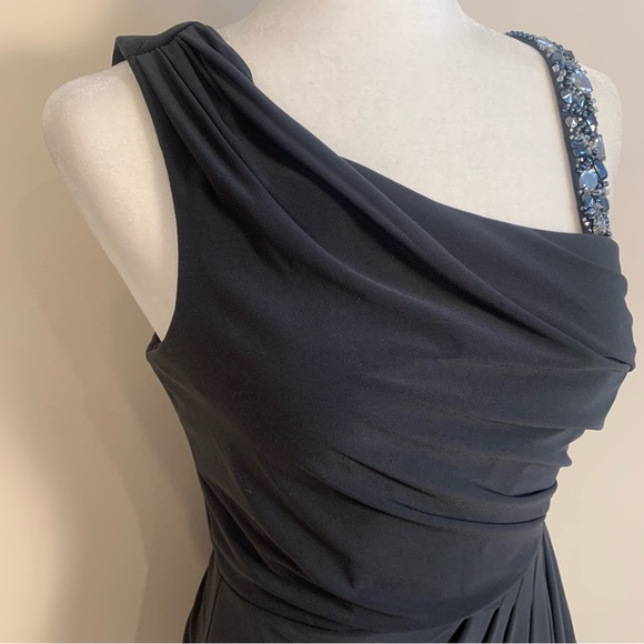 XSCAPE Ruched Beaded Embellished Mini Little Black Dress - Picture 2 of 15